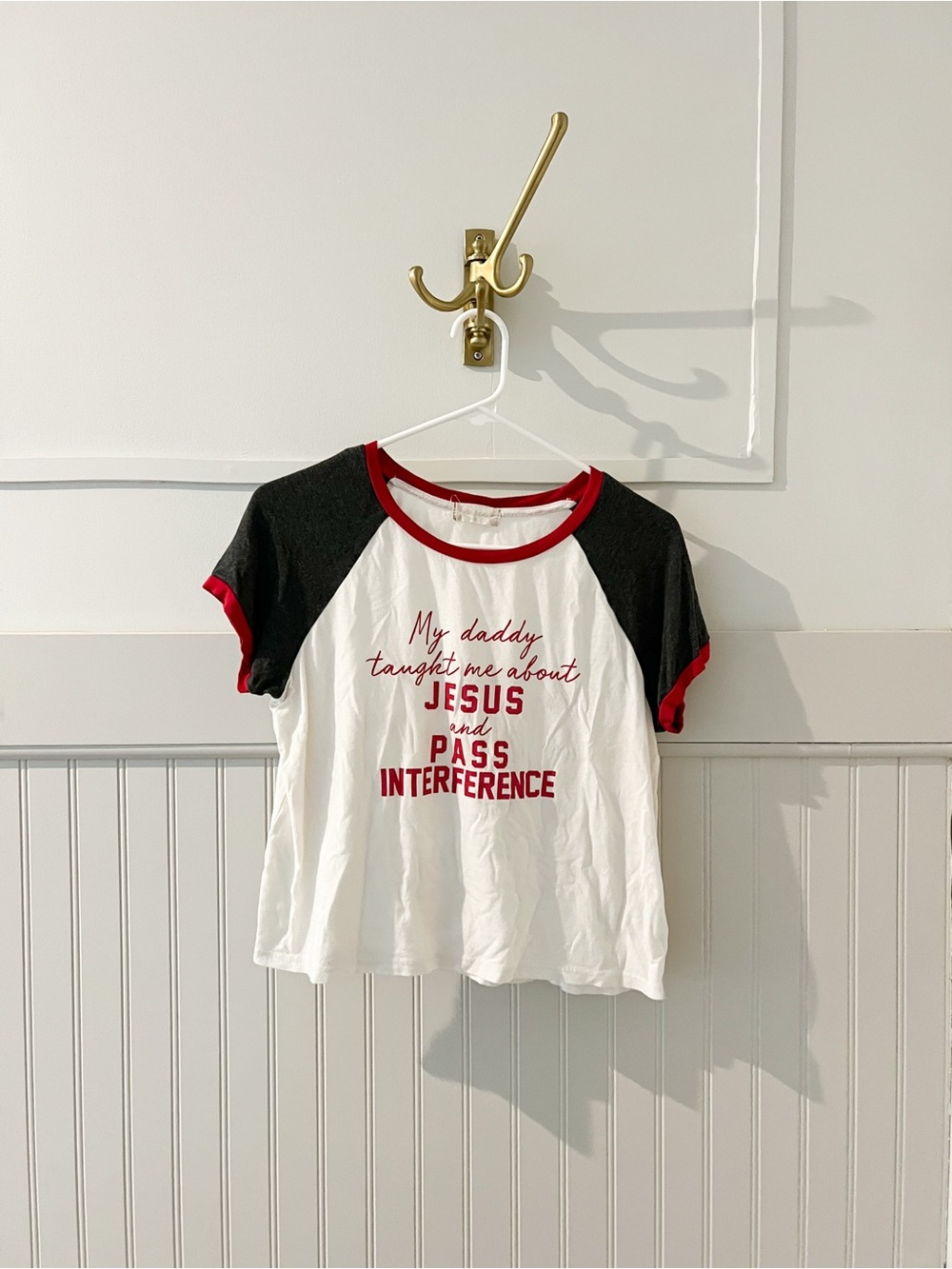 Altar'd State White Tee with Black Raglan Sleeves and Red Trim